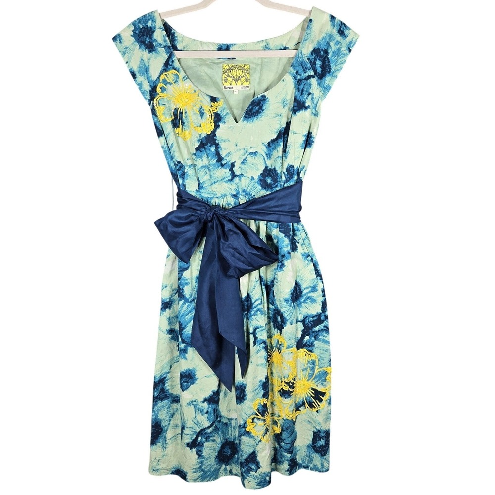 Anthropologie Floreat Dress Womens 4 Blue Floral Sequin Silk Sash Fit Flare Midi